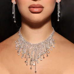 Stonefans Boho Rhinestone Tassel Necklace Set/2PC Aesthetic Wedding Jewelry With Earrings Prom Accessories For Women Shiny Chain