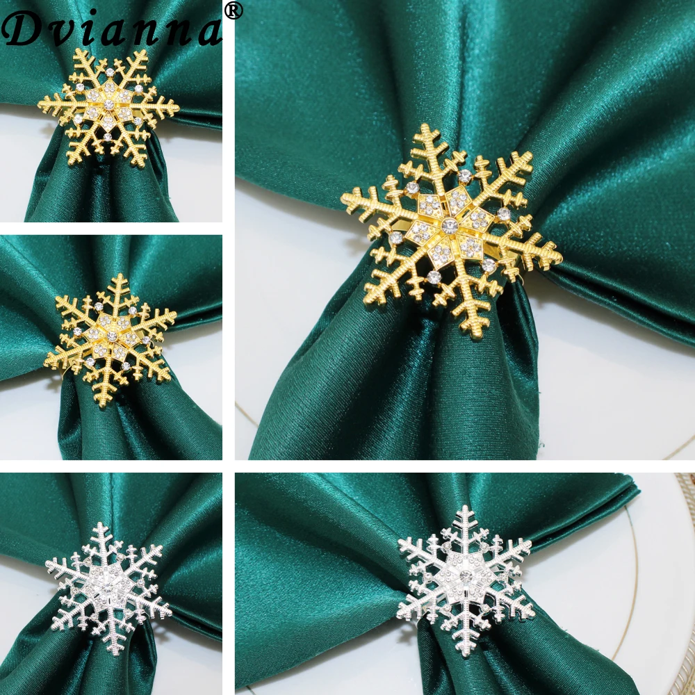 6Pcs Gold Snowflake Napkin Rings Rhinestone Christmas Napkin Holder Buckles for Wedding Banquet Party Dinner Table Decor HWC294