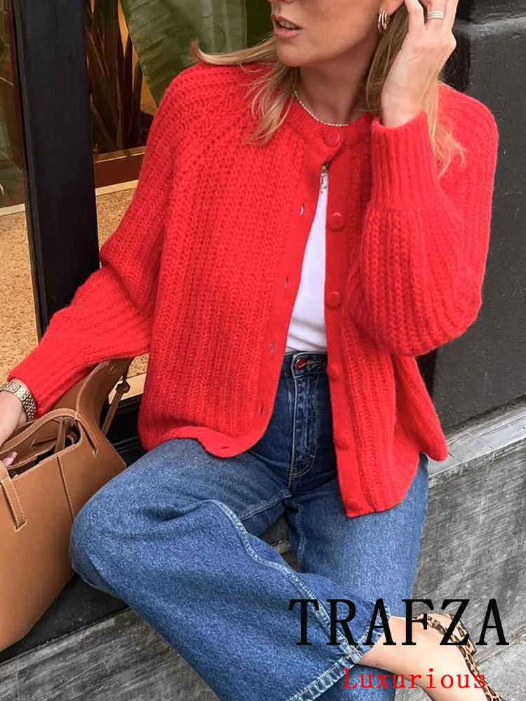 TRAFZA Vintage Casual Chic sweter damski jednolity, dekolt w kształcie litery "o", jednorzędowe swetry rozpinane z długim rękawem moda 2024, swetry jesienno-zimowe