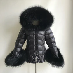 Jxwatcher Womem's Down Coat with Real Raccoon Fur Winter Warm White Duck Down Jacket Ladies Slim New In Outerwear Classic Black