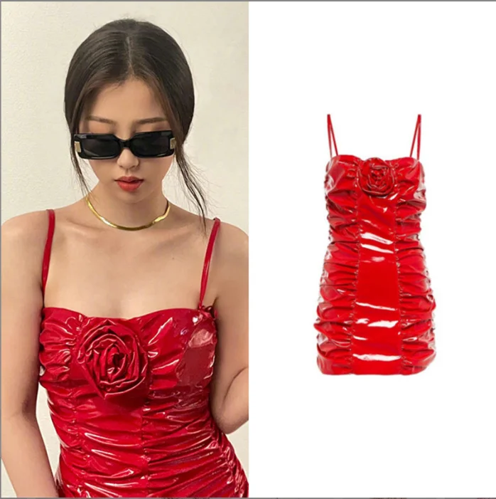 

Красная кожаная юбка-карандаш с цветочным ремешком, складками и высокой талией, модная женская юбка с застежкой-молнией