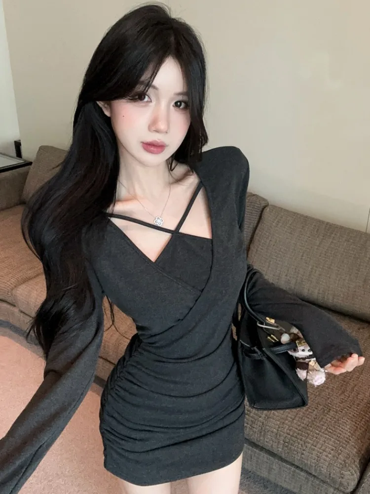 

Pure Desire Style Women's Long Sleeve Short Dress A-Line Waist Padded Shoulder Pleated Skirt Spring Autumn Sexy Faux Two-Piece