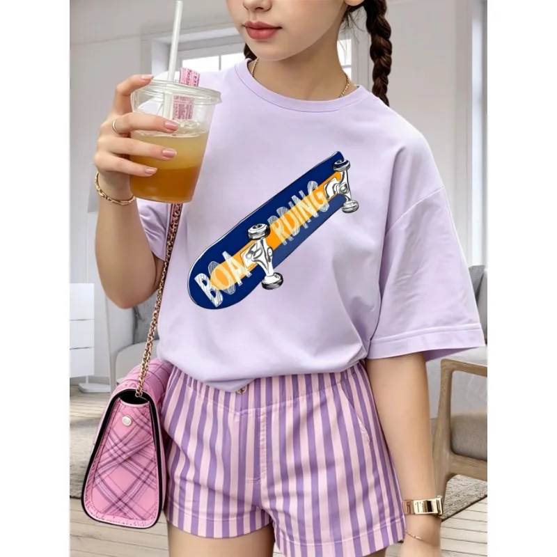 Boarding Blue Orange Skateboard Print Kids T-shirt Soft Cotton O-Neck Short Sleeve Unisex Boys Girls Summer Casual Tops