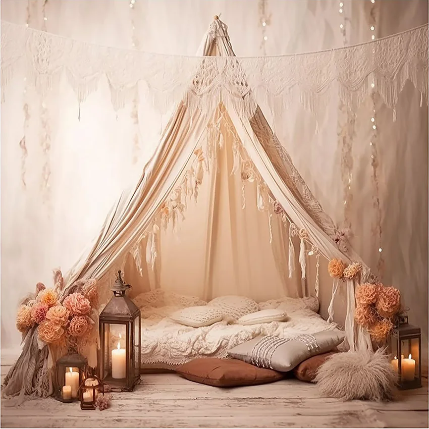 Mehofond التصوير خلفية البوهيمي الزهور مخيم خيمة الفتيات حفلة عيد ميلاد كعكة سحق صورة ديكور خلفية استوديو الصور