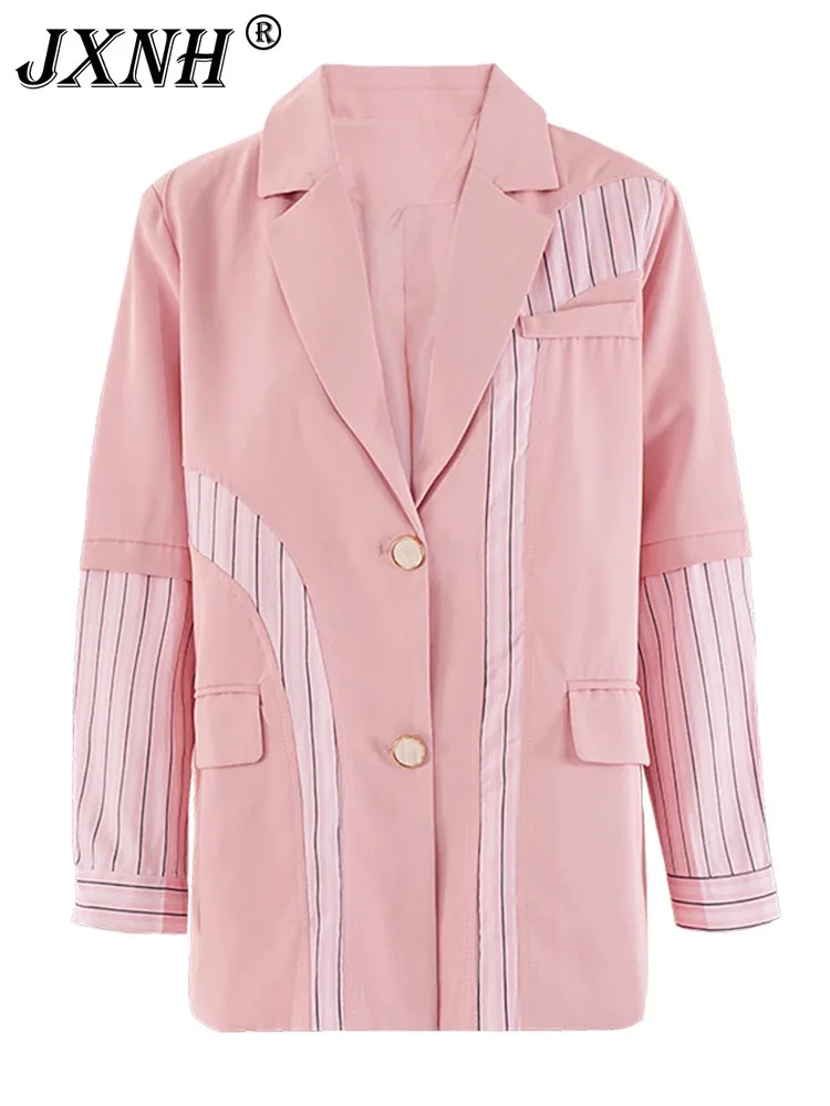 

Pink Color Irregular Spliced Striped Blazer Women New Long Sleeve Loose Fit Jacket Fashion Tide Spring Autumn 2024