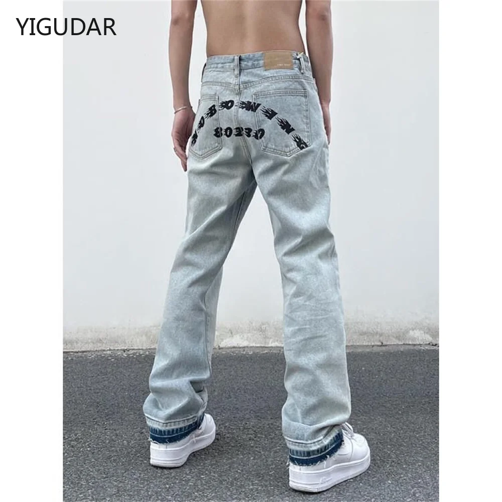 2022 moda masculina e feminina hip hop y2k jeans vermelho impresso carta jeans masculino solto azul calças de brim perna larga calças de brim