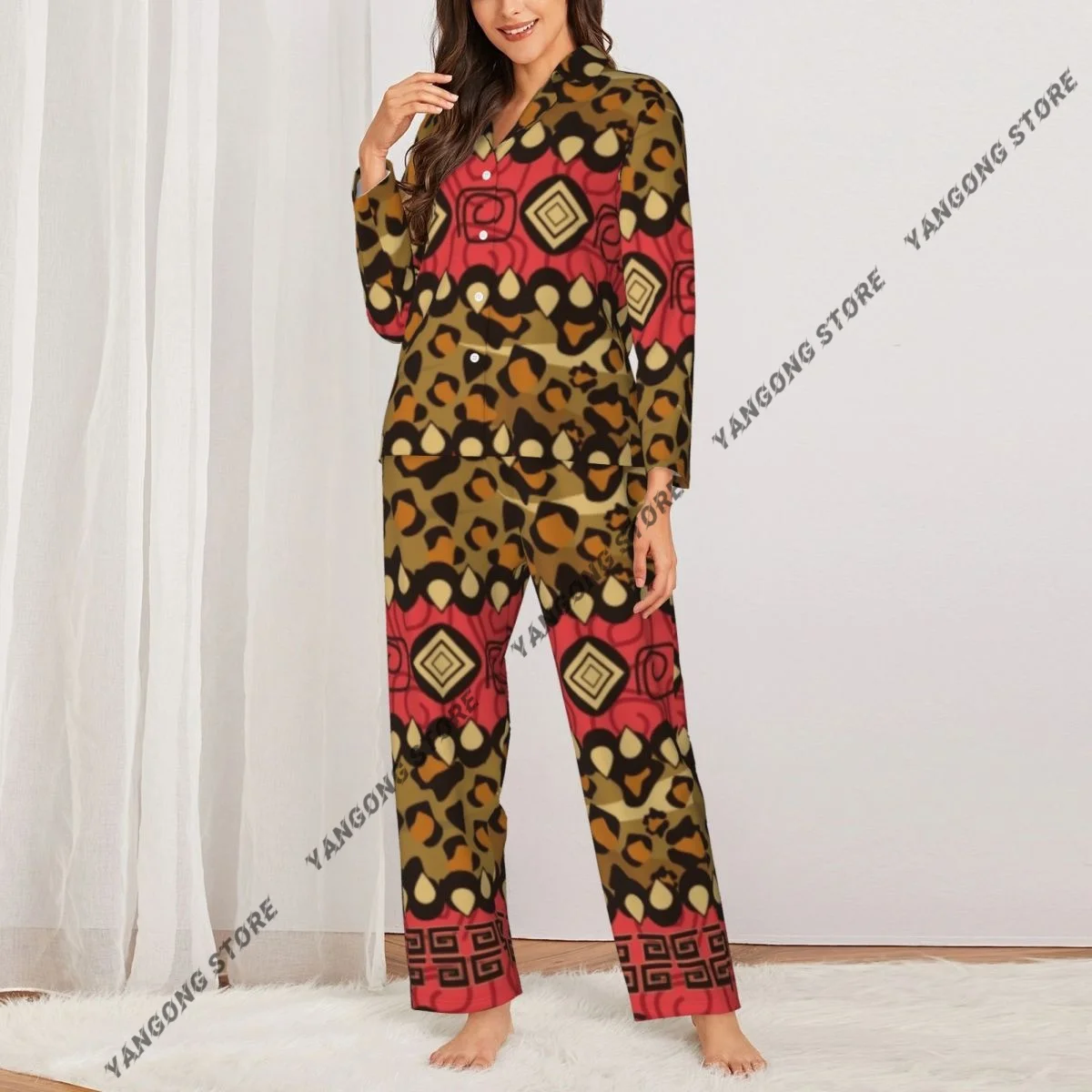 Women Sleepwear Pajamas African Style Cheetah Skin Pattern Long Sleeve Pijama Female Set Negligee Cardigan Suit