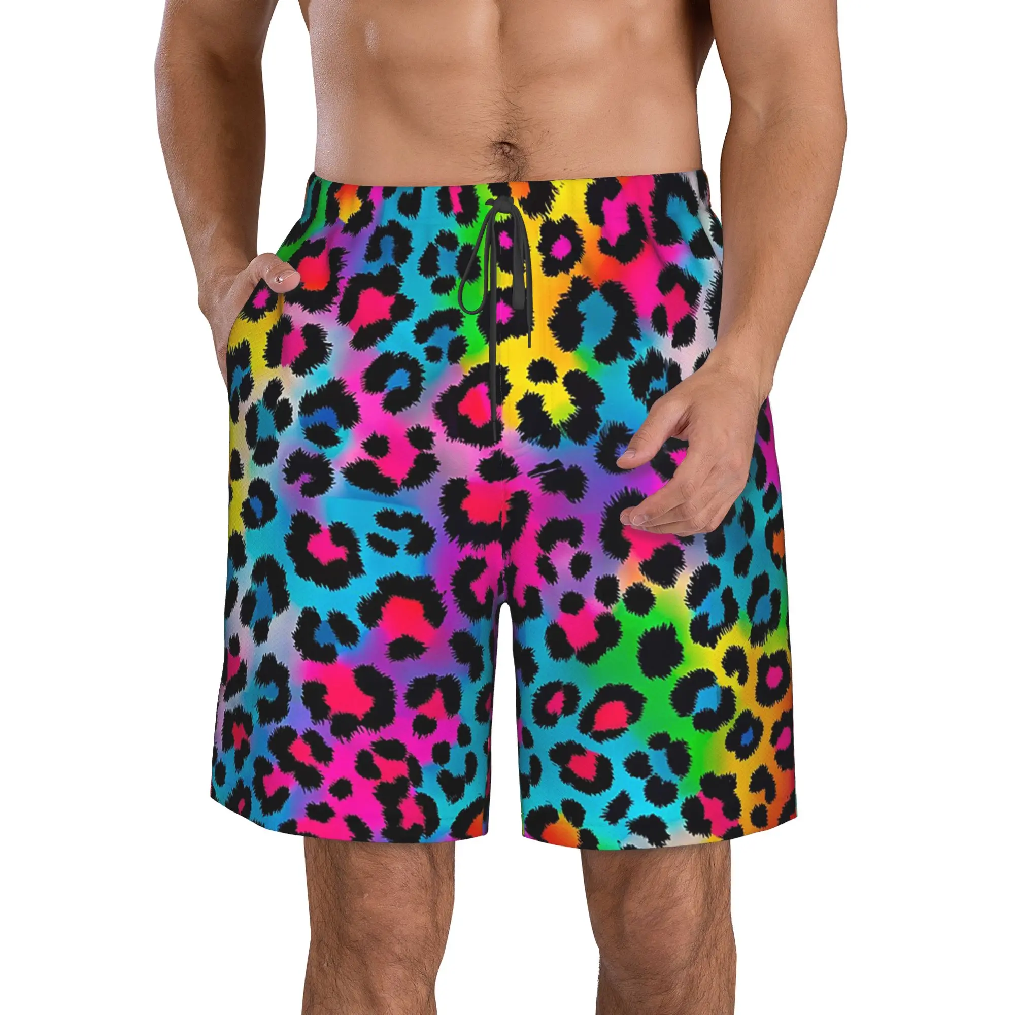 Vibrant Rainbow Leopard Print Trunks Beach Board Shorts Casual Quick Dry Swimming Summer Men Pants