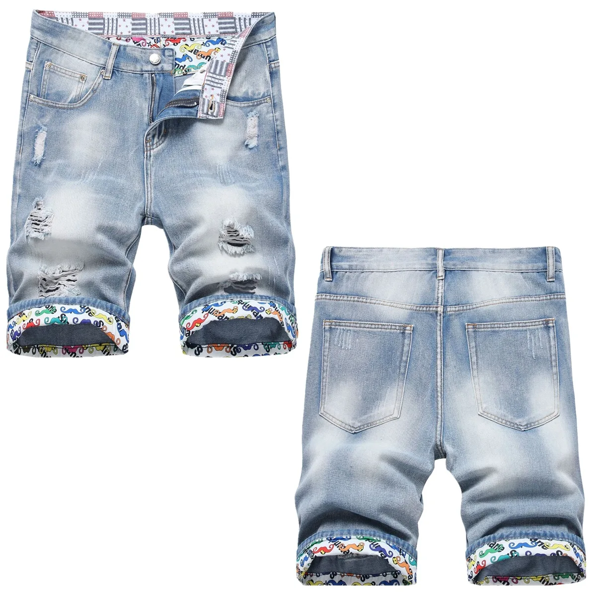 Summer Denim Shorts Thin Abraded Hole Men Pants Fashion Trend Straight Tube Length Flip Print Splash Ink Interior Floral Grind 2