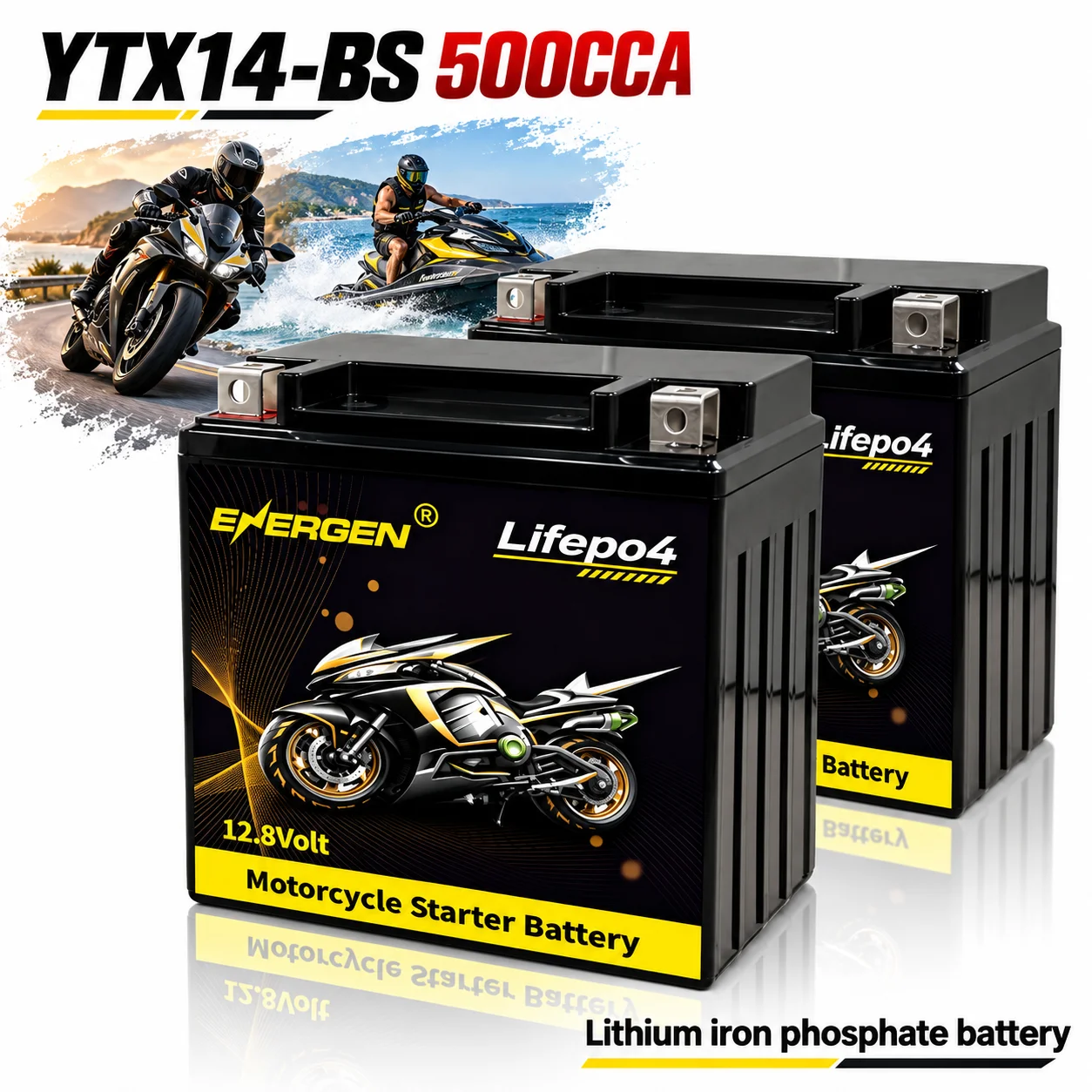 Motorcycle 12V LiFePO4 battery 500CCA starting power supply built-in BMS 4000+deep cycle for lawn mower, motorized motorcycle