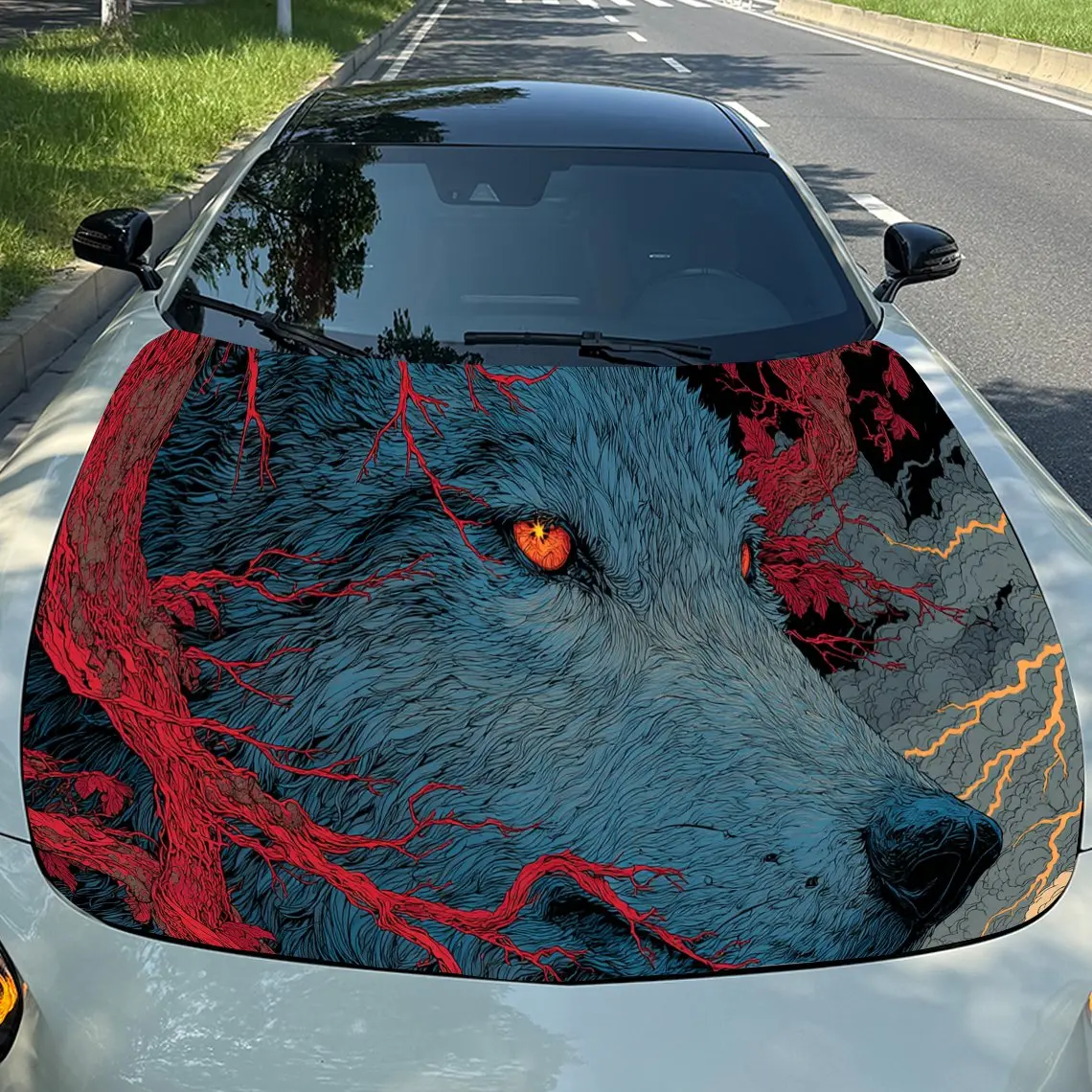 

Мощный волк с наклейкой на капот двигателя автомобиля Stormy, автоматические виниловые обертывания, водонепроницаемая самоклеящаяся наклейка на автомобиль, прочная и устойчивая к царапинам