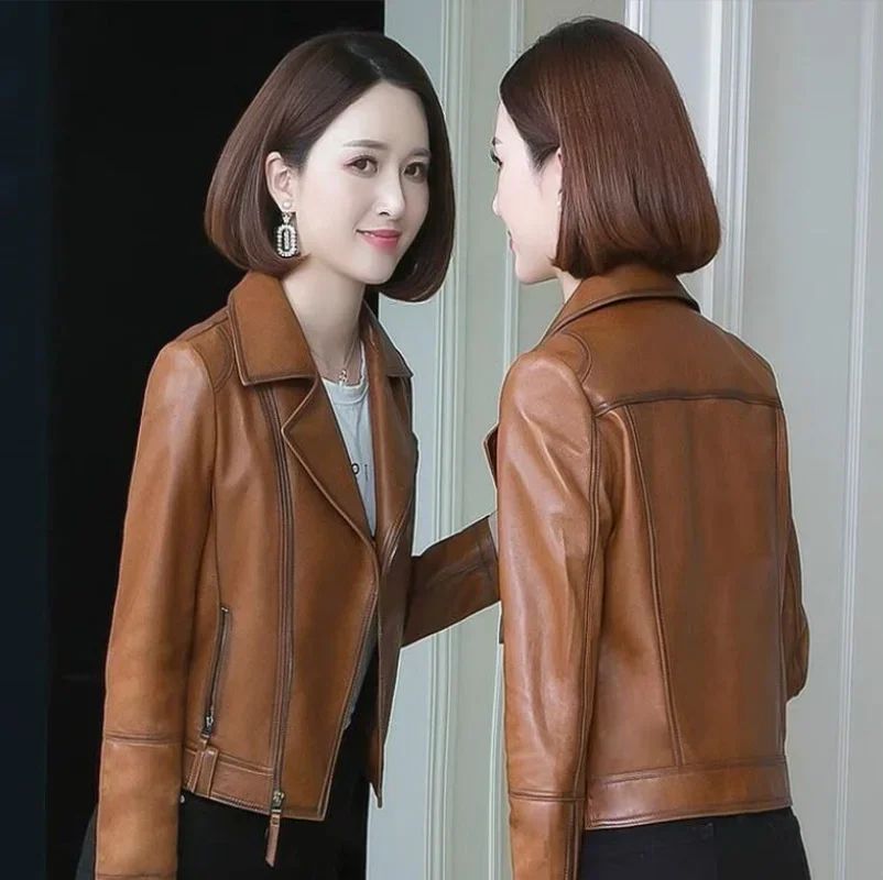 2024 New Women Leather Jacket Spring Autumn Fashion Suit Collar Slim Biker Leather Outerwear PU Streetwear Tops