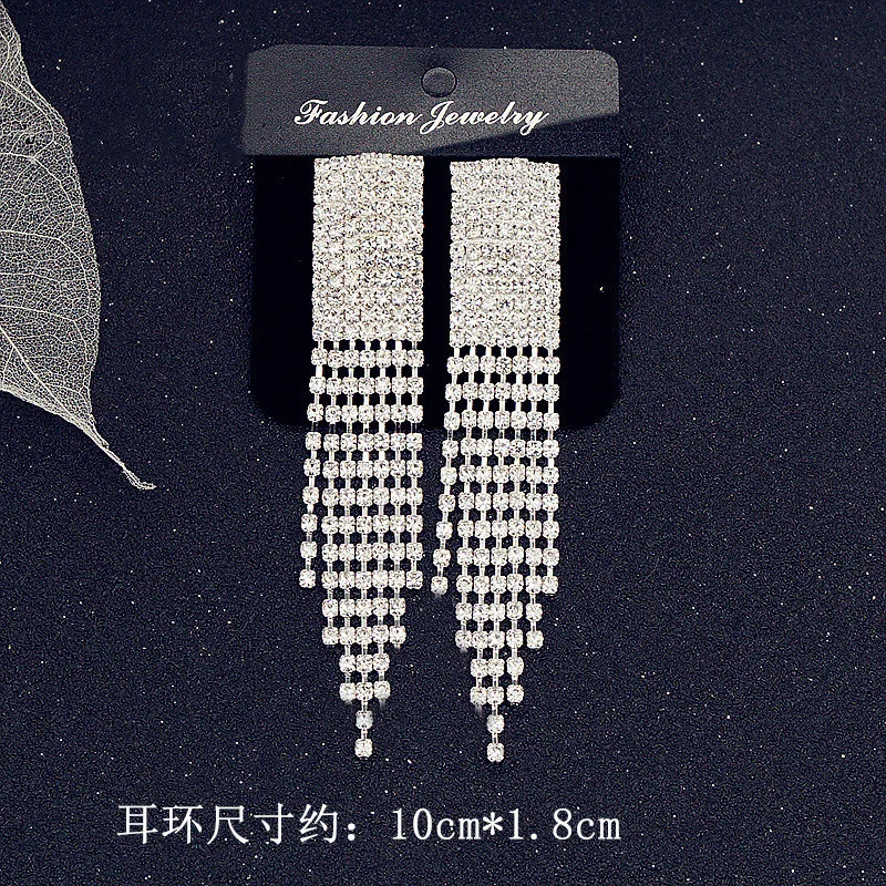 FYUAN Fashion Long Tassel Crystal Drop Earrings for Women Silver Color Rhinestone Hanging Dangle Earring Bridal Wedding Jewelry