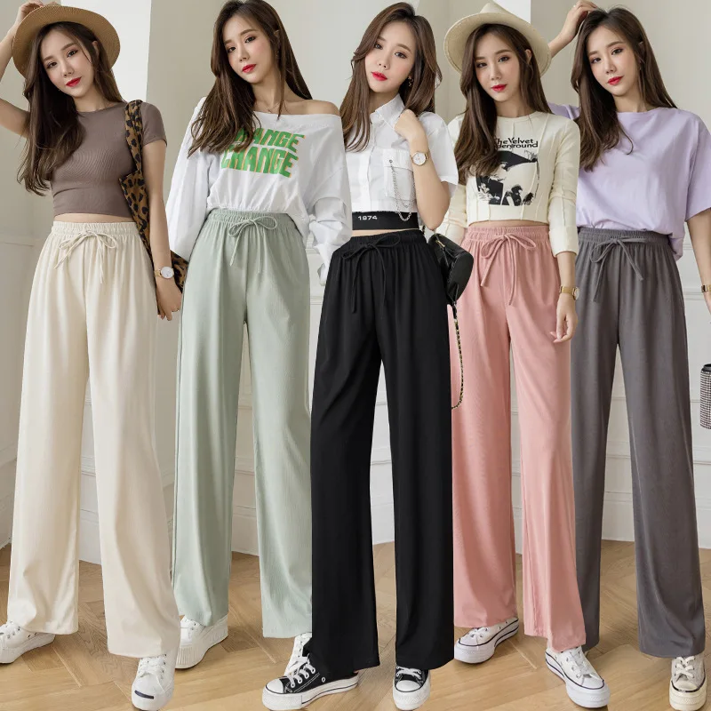 

2024 new ice silk wide-leg pants summer Thin high waist Casual Loose Straight Women's Pants Sunscreen Anti-mosquito Pants