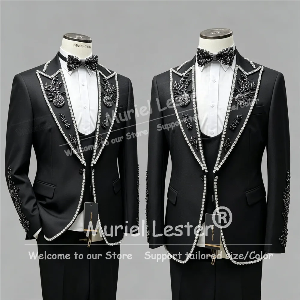 

Luxury Rhinestone Beads Suits Men 2 Piece Sets Single Breasted Jacket Pants Customized Groom Wedding Tuxedos Slim Fit Man Outfit