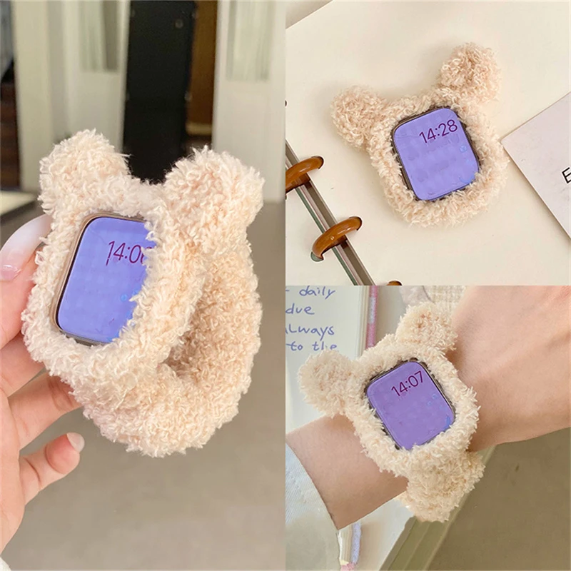 Korean Cute Plush Elasticity Hair Band Strap + Bear Case For Apple Watch 10 Ultra 9 8 7 SE Band For iwatch 42mm 46mm 49 45 40 41