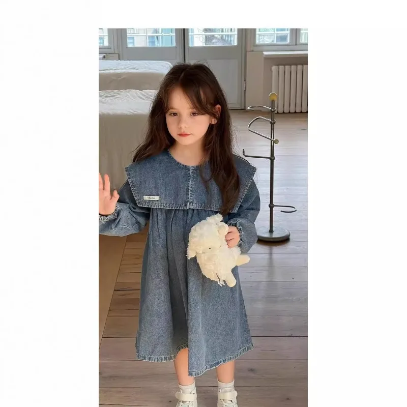 Children Girls Lapel Denim Dress RAISE Autumn Kids Girls Long Sleeve Dress 3-10Yrs Toddler Babys Girls Water Wash A-line Dress