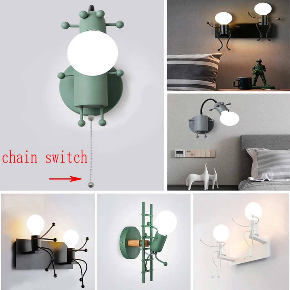 Modern Nordic Sconce Wall Lamp LED Chandelier Macaroon Cartoon Doll Wall  Light Minimalism Metal Robot Lamps with Chain Switch