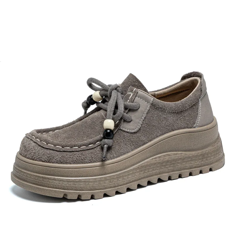 DRKANOL Handmade Retro Cow Suede Leather Chunky Platform Shoes For Women Big Toe Wedges Heel Height Increasing String Bead Shoes