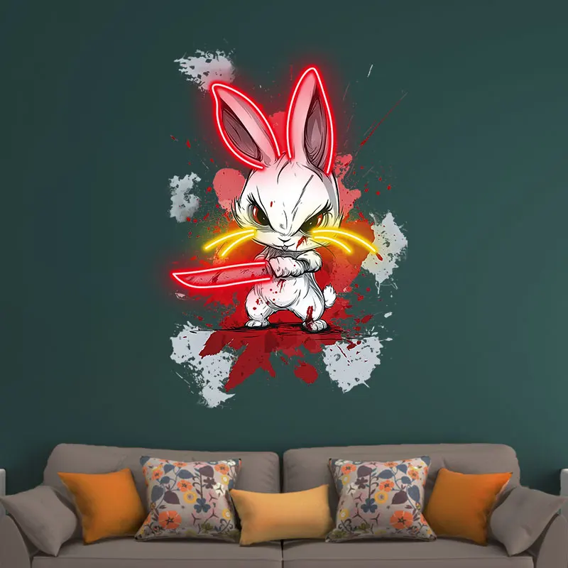 لوحة فنية جدارية نيون من Toysign Samurai Bunny - لافتة LED شرسة مع كاتانا، نمط كرتوني، ديكور جريء لغرفة الألعاب والبار والجل الكهف