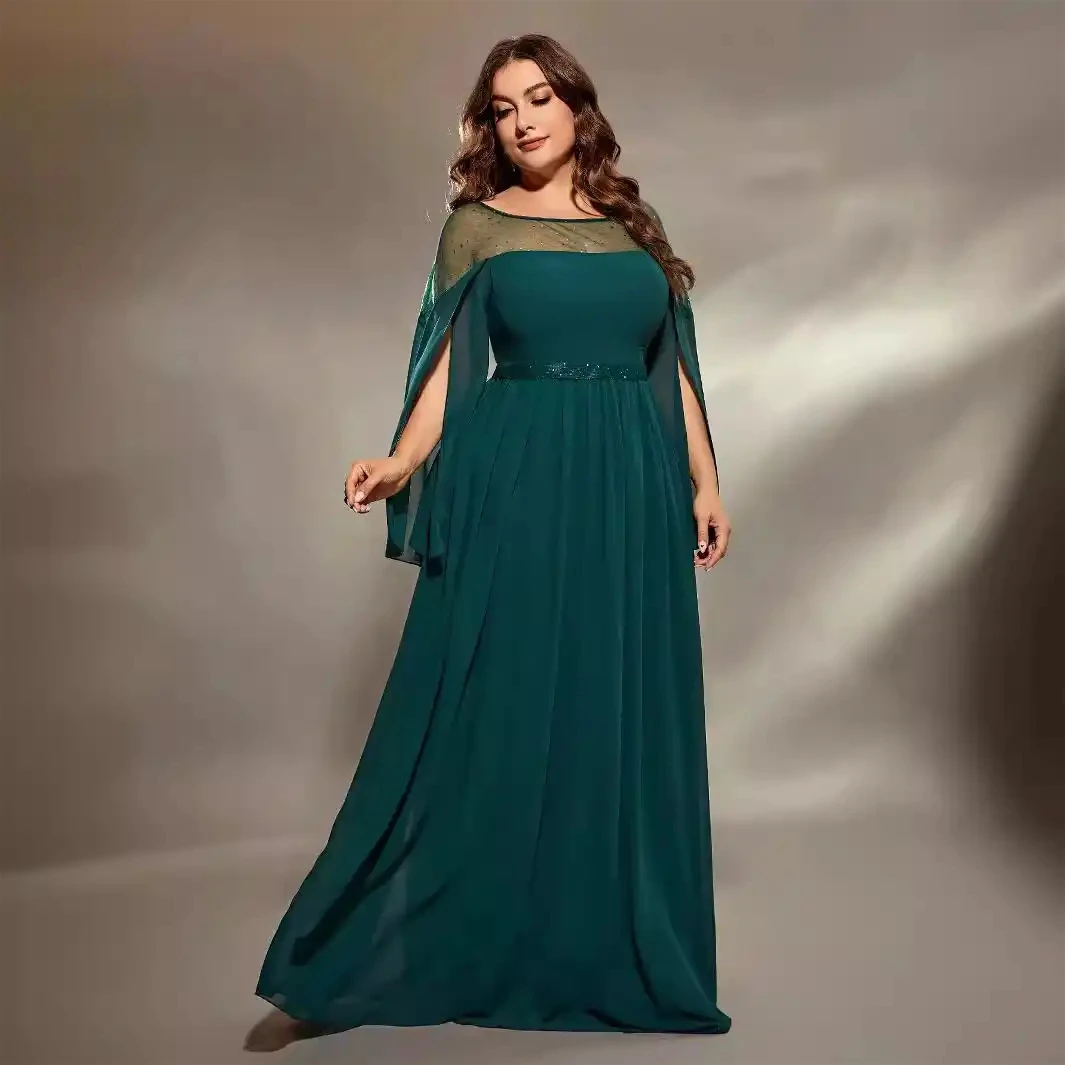 Customized Elegant Floor Length Mother of the Bridal Dress Scoop Neck Long Sleeve A-Line Party Banquet Gowns Plus Size