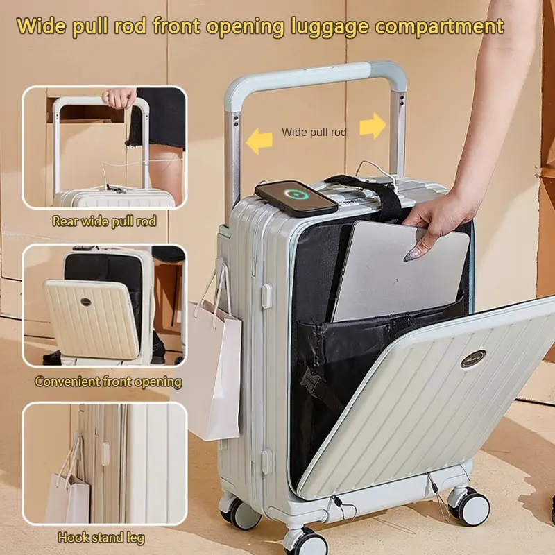 Imagem -02 - Mala Wide Handle Front Opening Rolling Bagagem Carregamento Usb Cabin Suitcase Bolsa Mala de Viagem Leve Grande Tamanho Bagagem Senha Trolley Case