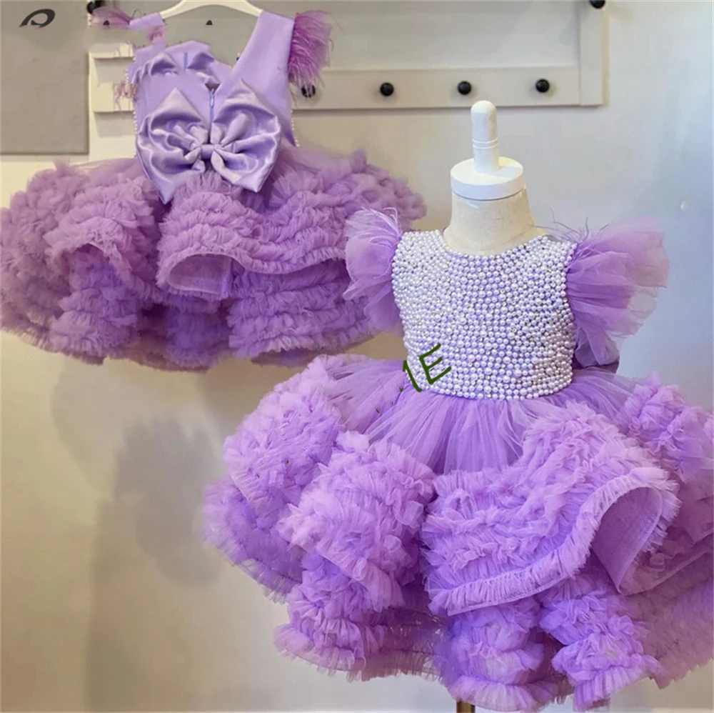 Vestido de niña de flores de plumas moradas para boda, tul hinchado con lazo de perlas, vestido de primera comunión en capas con cuentas, vestido de baile