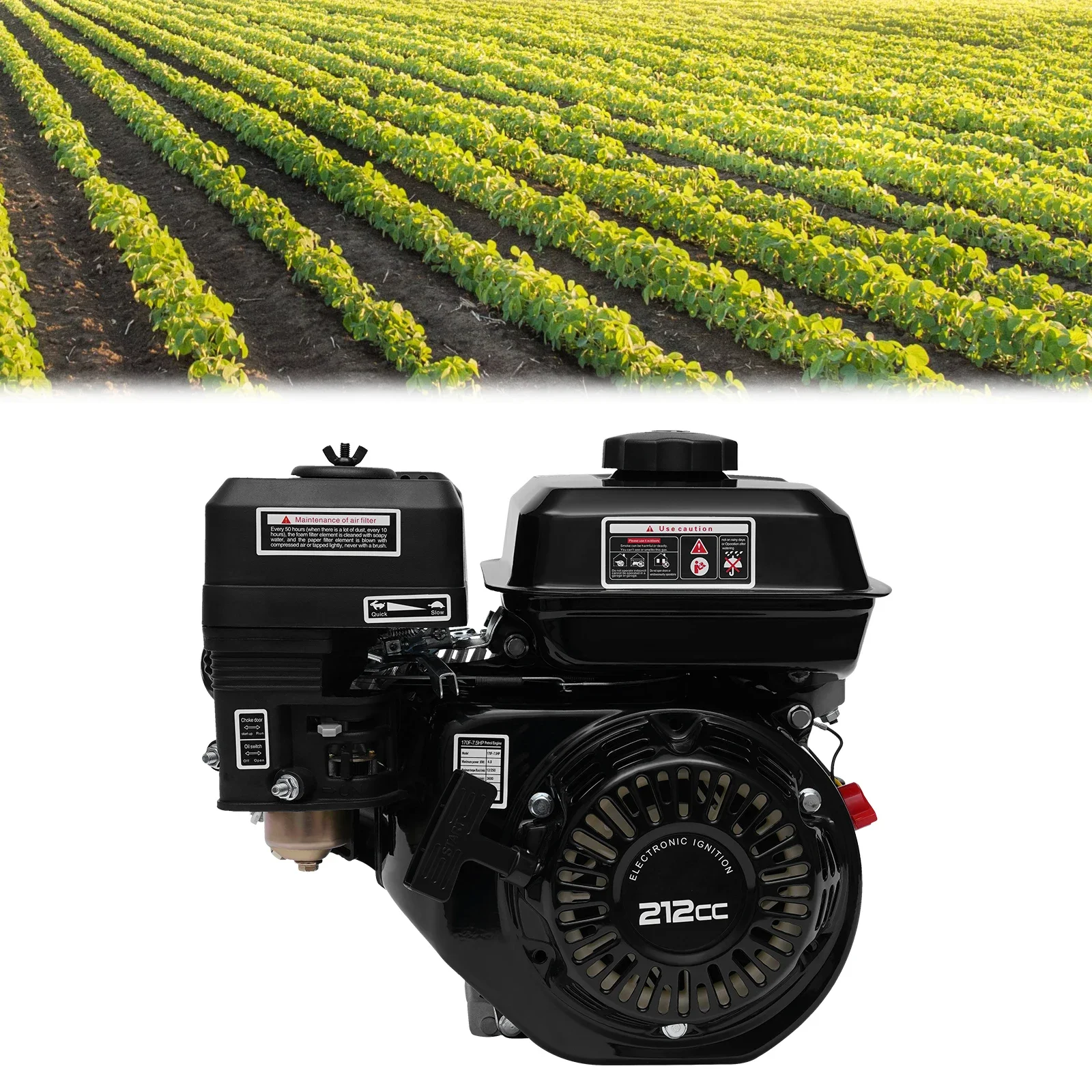 4-Stroke Horizontal Shaft Gasoline Motor, 7.5HP 212cc Gas Engine, Pull Start for Lawn Mowers, Wood Splitters, Pressure Washers