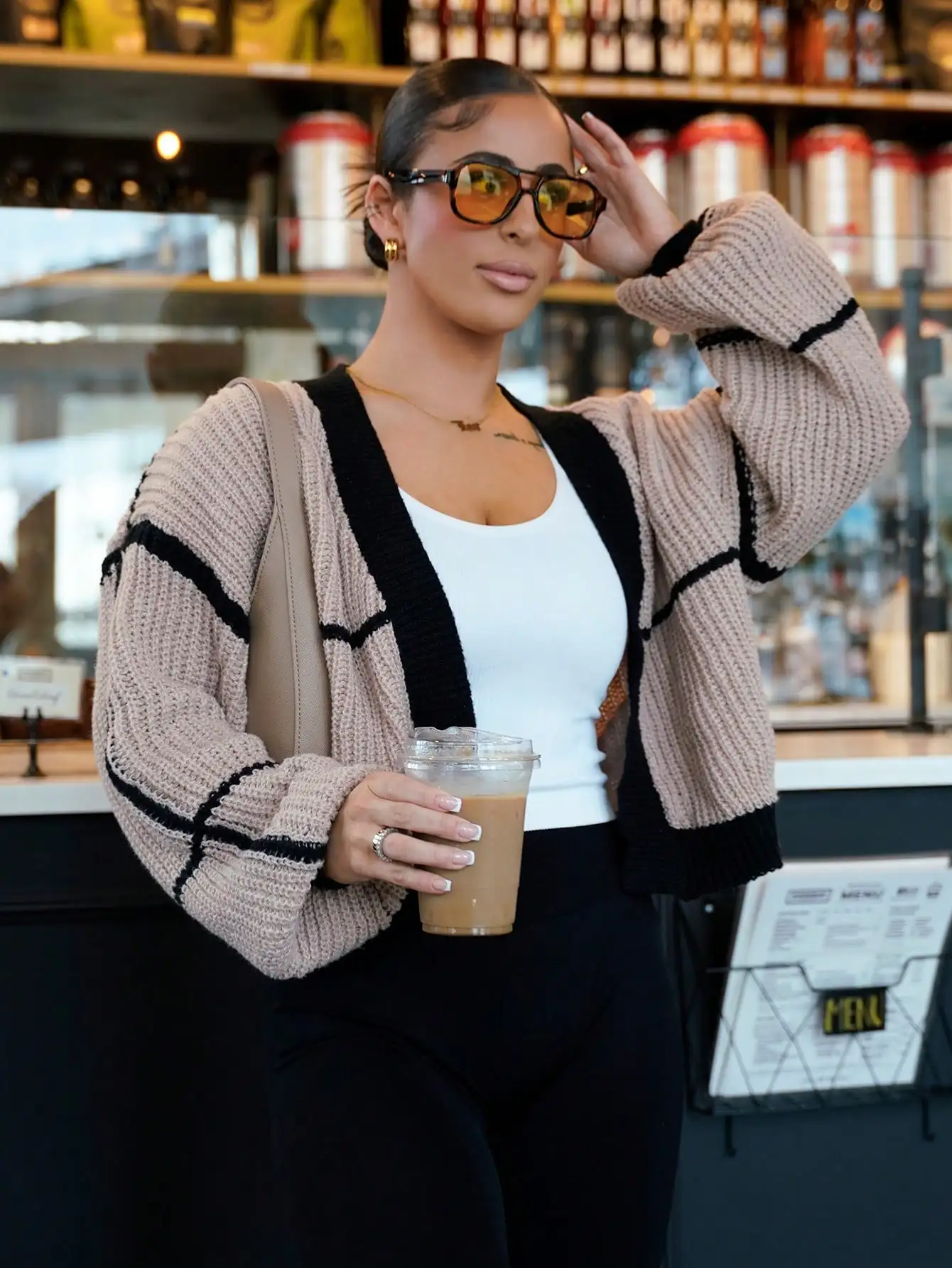 

Contrast Trim Lantern Sleeve Knit Cardigan for Women - Casual Chic Fall Layering Top