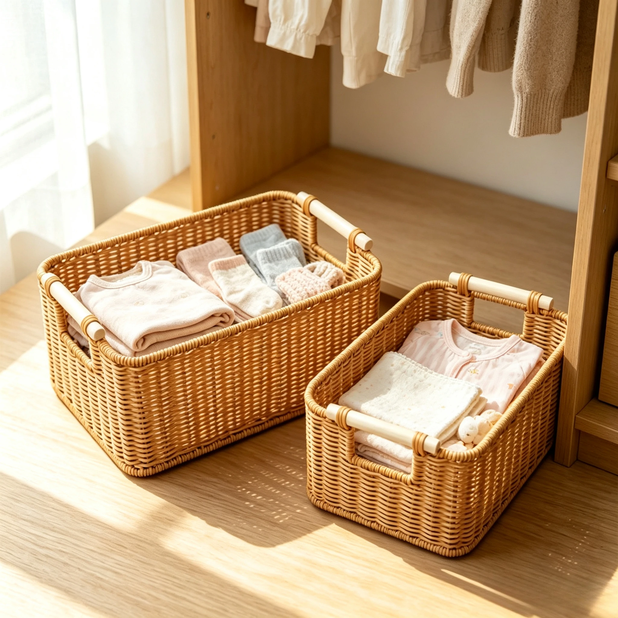 Gewebter Aufbewahrungskorb mit Holzgriffen, Handgefertigte Rechteckige Organizer-Box für Eingangsbereich, Wohnzimmer, Badezimmer, Küchenregale, Dekoration