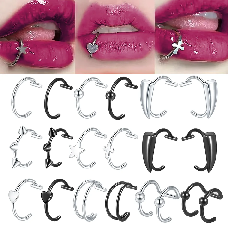 1-10pcs Stainless Steel C Shape Lip Ring Cross Star Heart Fake Piercing Nose Ring Women Body Jewelry Non-Pierced