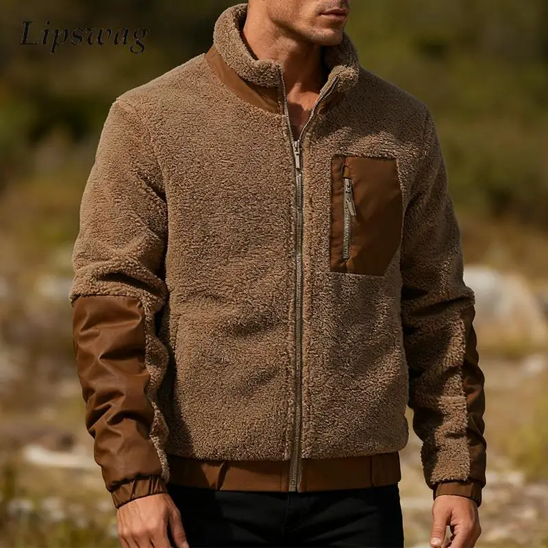 

Осень-зима 2024, мужские флисовые куртки, уличные повседневные куртки на молнии с воротником-стойкой, пушистое флисовое пальто, винтажные мужские лоскутные куртки, пальто