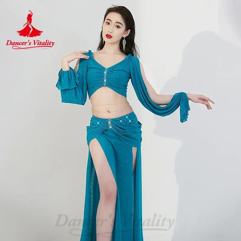 Belly Dance เครื่องแต่งกายสําหรับสตรีแขนยาว + กระโปรง 2 ชิ้นการฝึกอบรมชุดประสิทธิภาพชุดเซ็กซี่ Oriental Dance Troupe ชุด