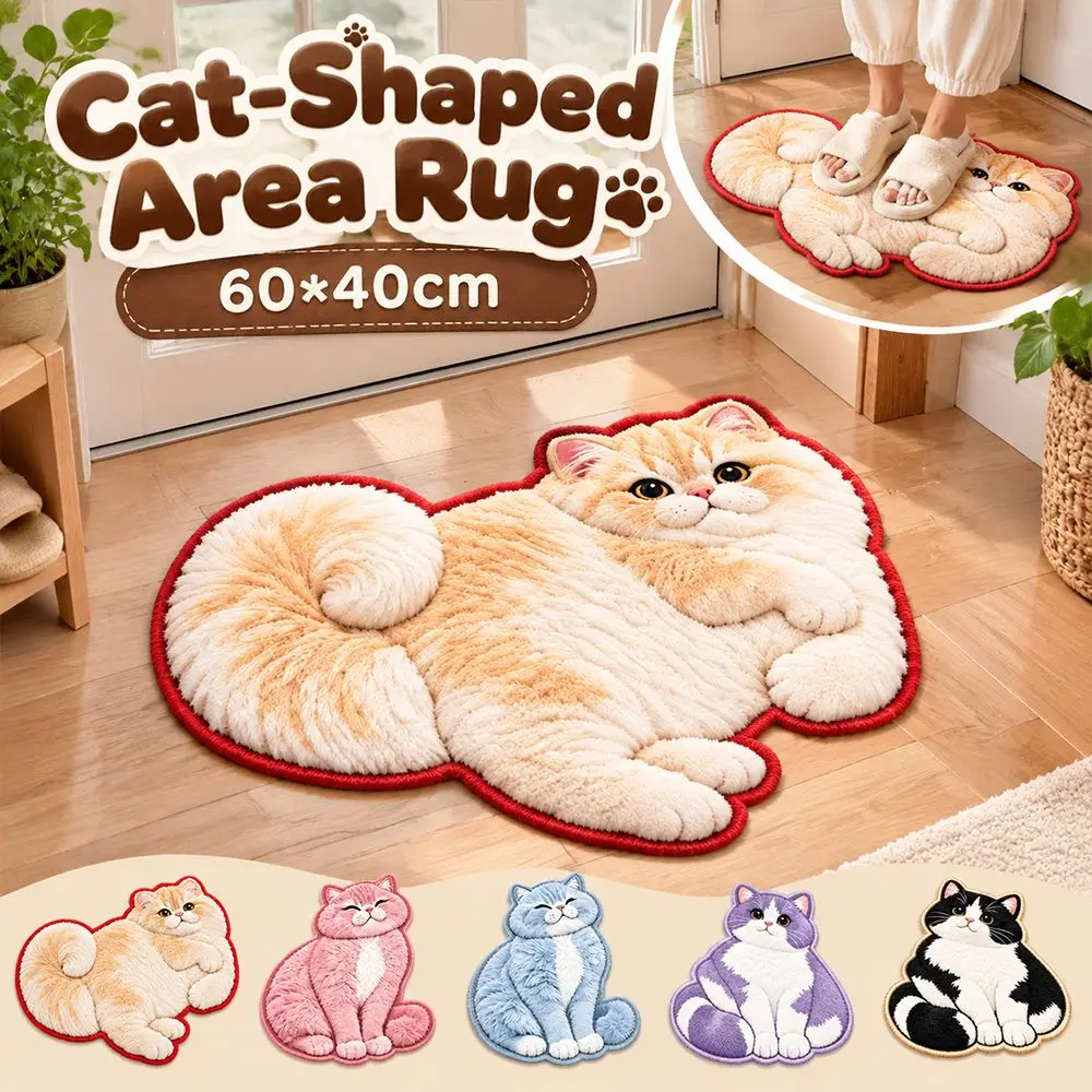 Cute Crystal Velvet Cat-Shaped Area Rug 2D Non-Slip Entryway Floor Mat Soft Washable Bathroom Carpet Home Decor
