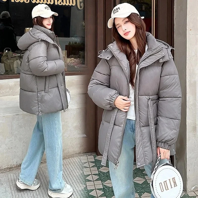 Winter Mid-Length Warm Thicken Down Cotton Jacket Korean Loose Hooded Cotton Coat 2025 New Women Long Parkas Coat Women Outwear