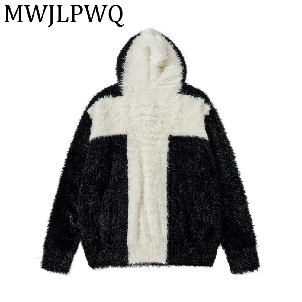 

MWJLPWQ мужской осенне-зимний вязаный свитер с капюшоном из искусственного меха, модный брендовый флисовый кардиган с цветными блоками и двойной молнией, топы 21799