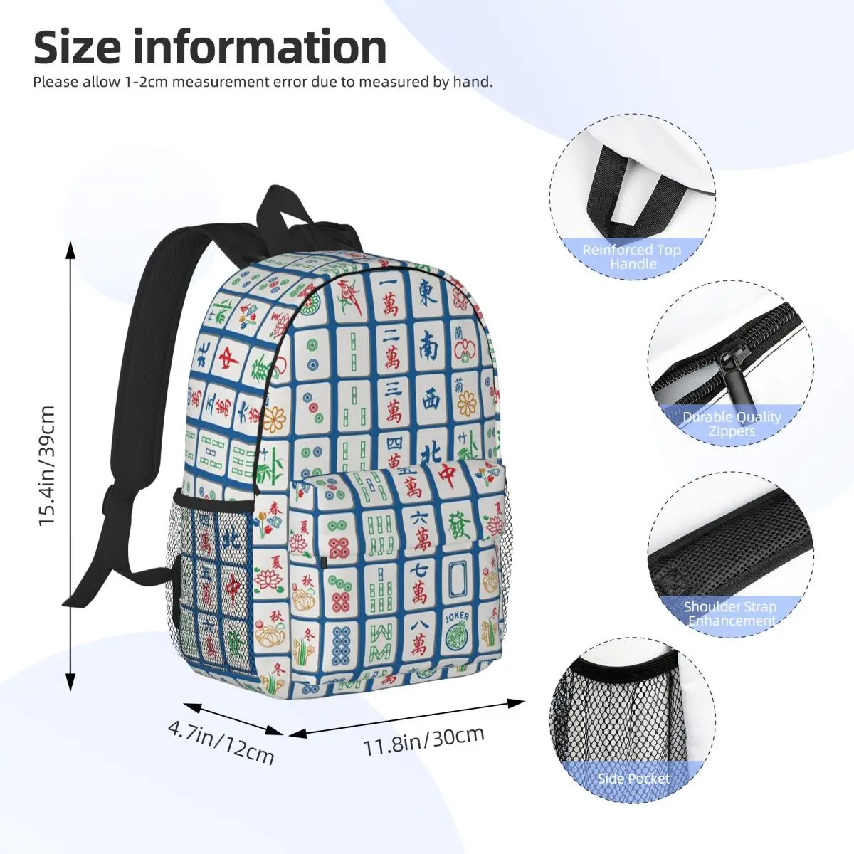 Mahjong Tiles On Blue Backpack Student Boys Girls BookBag Men Women School Bag Laptop Shoulder Bags