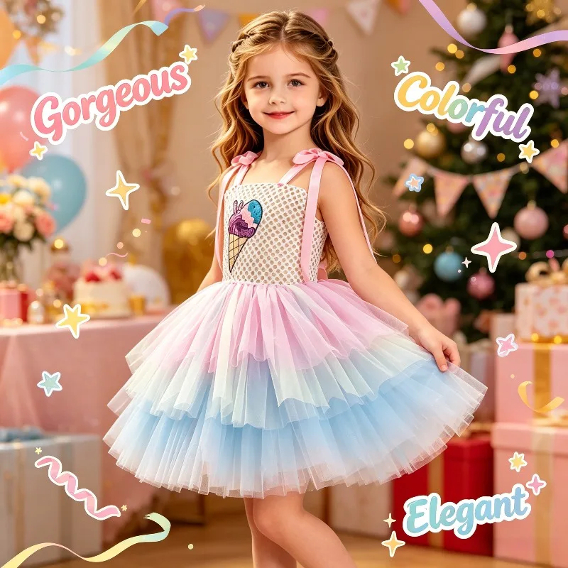 Girls Ice Cream Theme Tulle Dress Candy Cake Tutu Skirt Kids Birthday Party Princess Gown Holiday Festive Photoshoot Costume