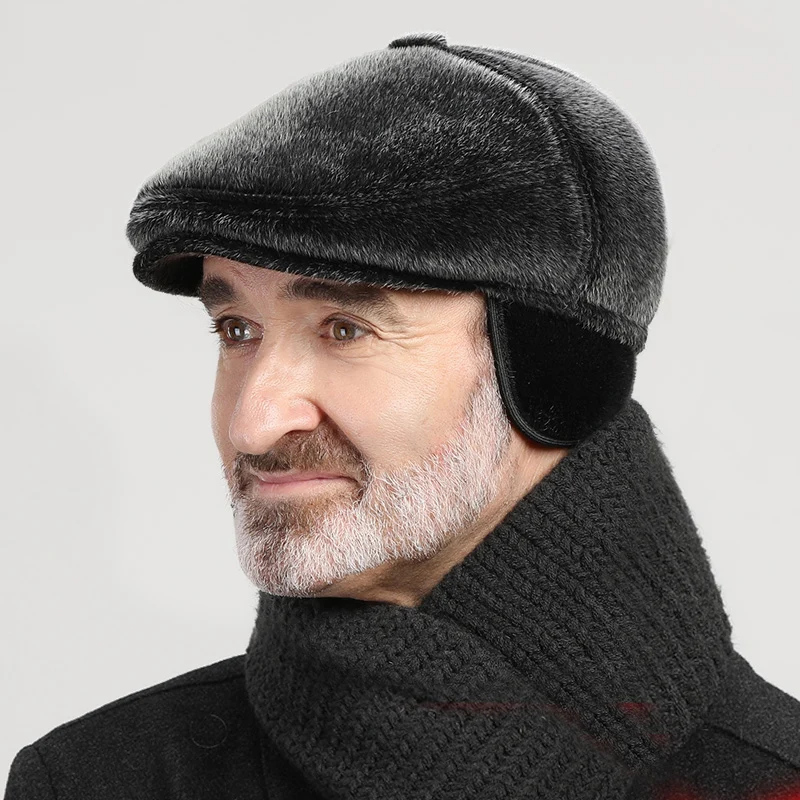 Winter Faux Fur Newsboy Hat With Earflaps Beret Cap for The Elderly Peaked Cap Winter Warm for Old Men Flat Cap