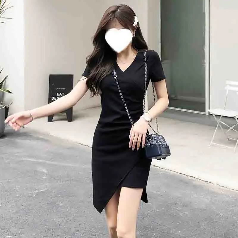 

French Irregular Dress Women's Summer Slim Fit Short Skirt 2024 New Thread Cotton Split Black Skirt Solid Color Top