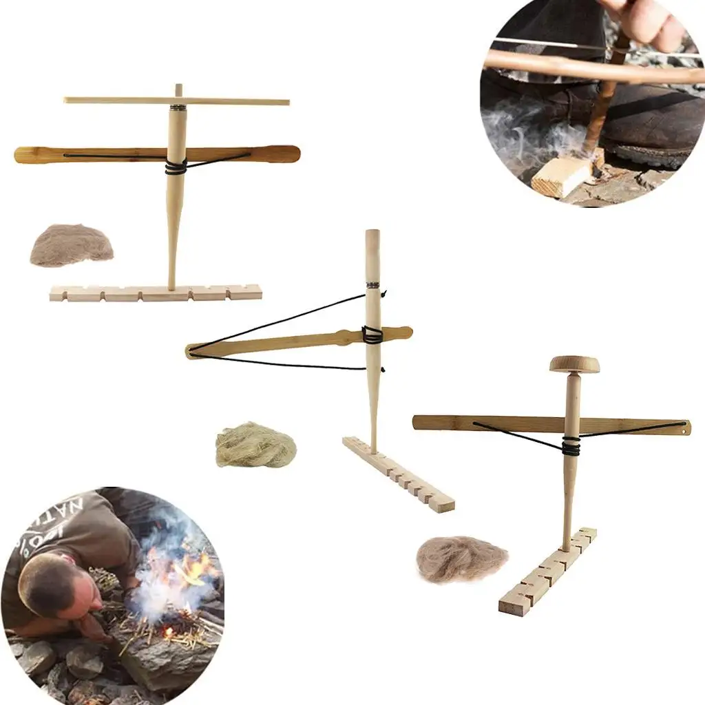 Wood Friction Fire Bow Drill Kit Portable Primitive Fire Starter Set for Camping Tools Survival Practice and Scout Training