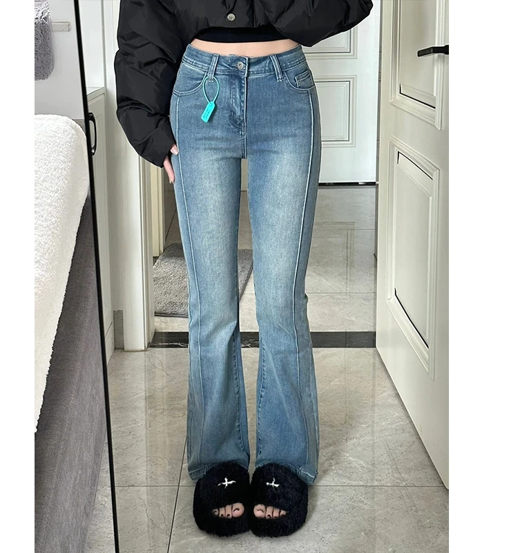 

Джинсовые джинсы-клеш с высокой талией, женские утягивающие эластичные брюки-копыта в стиле ретро, хлопковая эластичная ткань, всесезонные