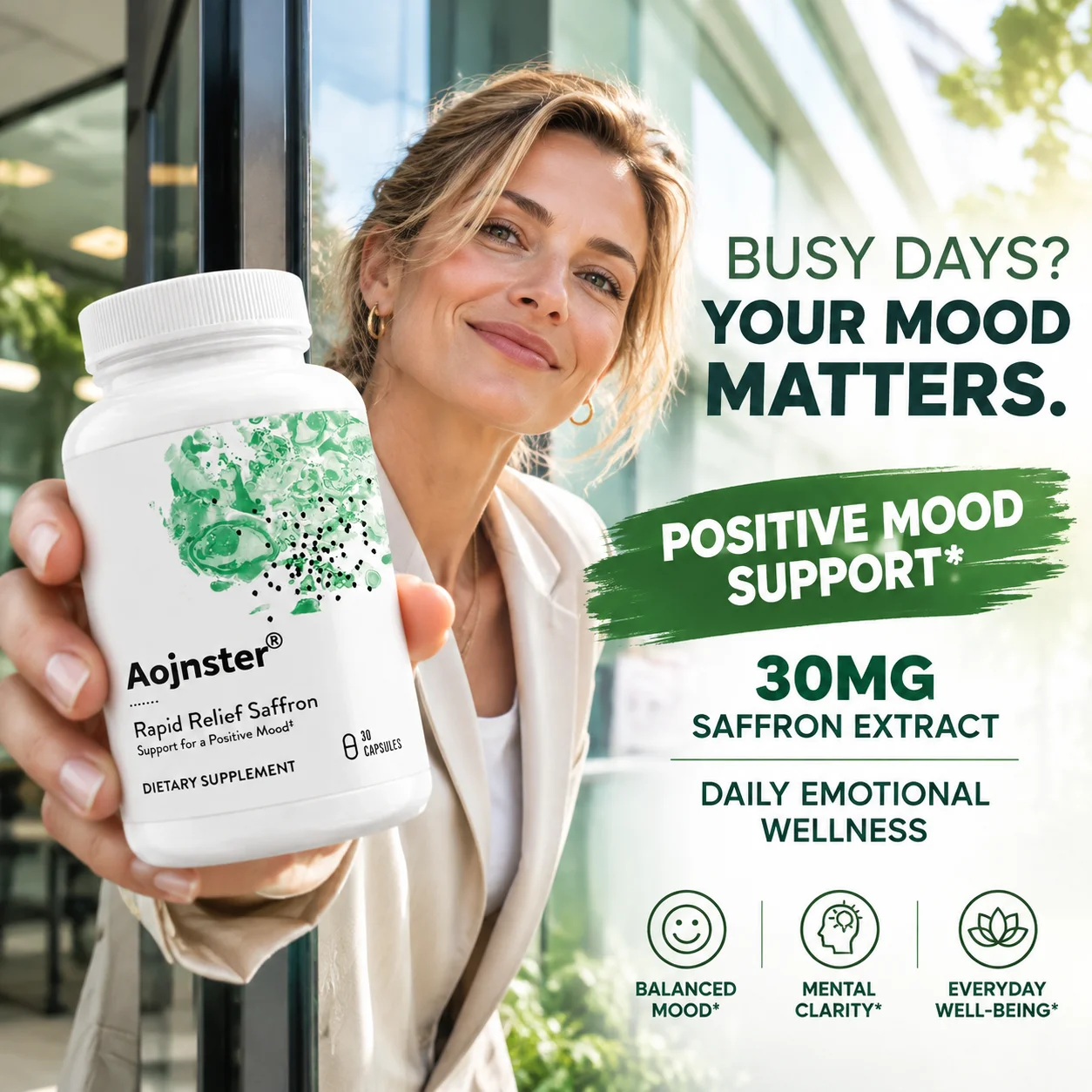 Aojnster Saffron Extract 30mg, Positive Mood Support, Safr'Inside Saffron Supplement, 30 Capsules