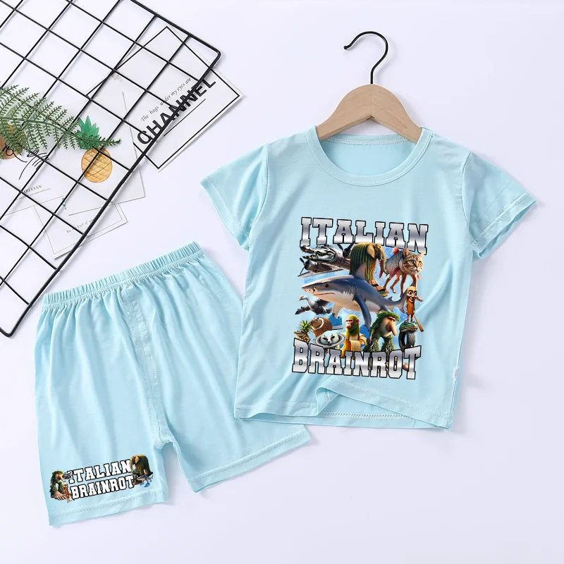 

Итальянские пижамные комплекты Brainrot, детская одежда для сна из модала, топы, домашние шорты, костюм, пижамы Tung Tungtung Sahur с принтом, ночное белье, подарок