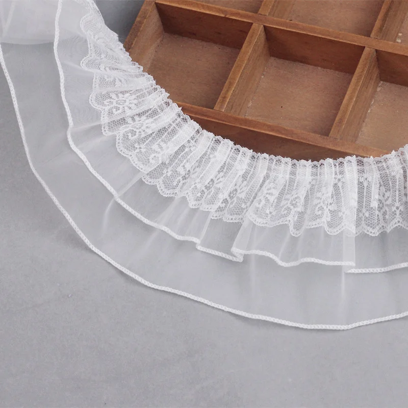 White Three Layer Pleated Organza Embroidered Lace Fabric DIY Kids Puffs Leader Mouth Ruffle Skirt Curtain Sewing Accessories