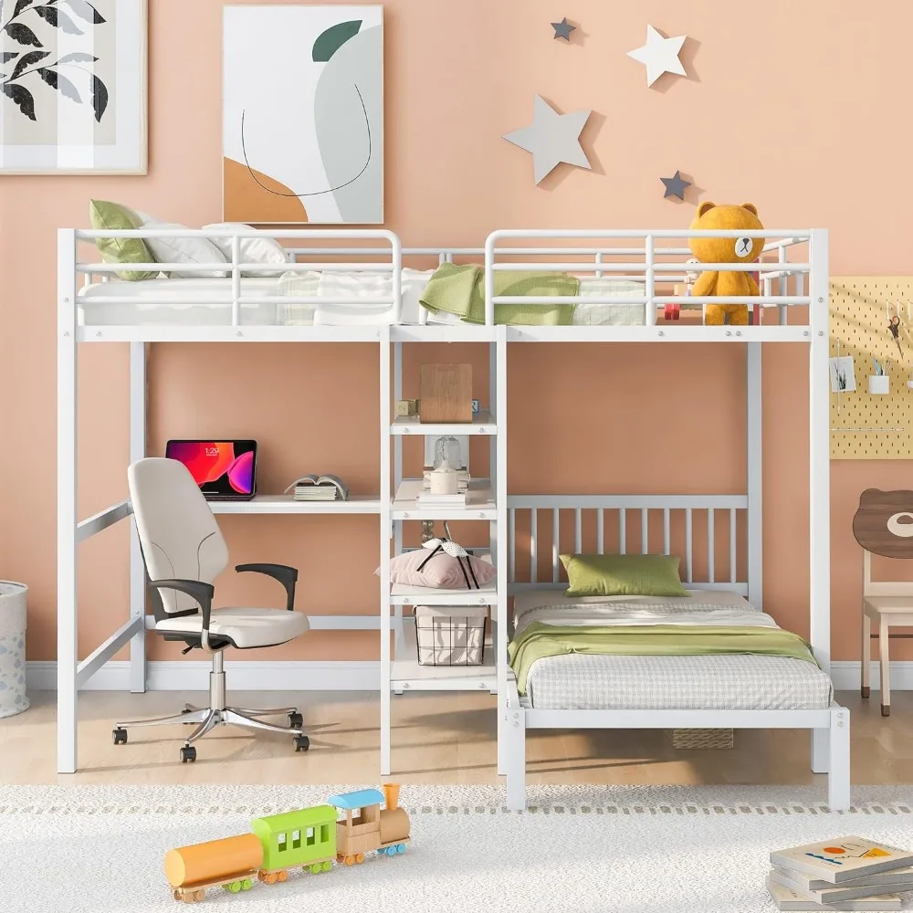 Full Over Twin Metal Bunk Bed with Built-in Desk, Storage Shelves and Ladder, L Shaped Loft Bed Frame for Kids, Teens