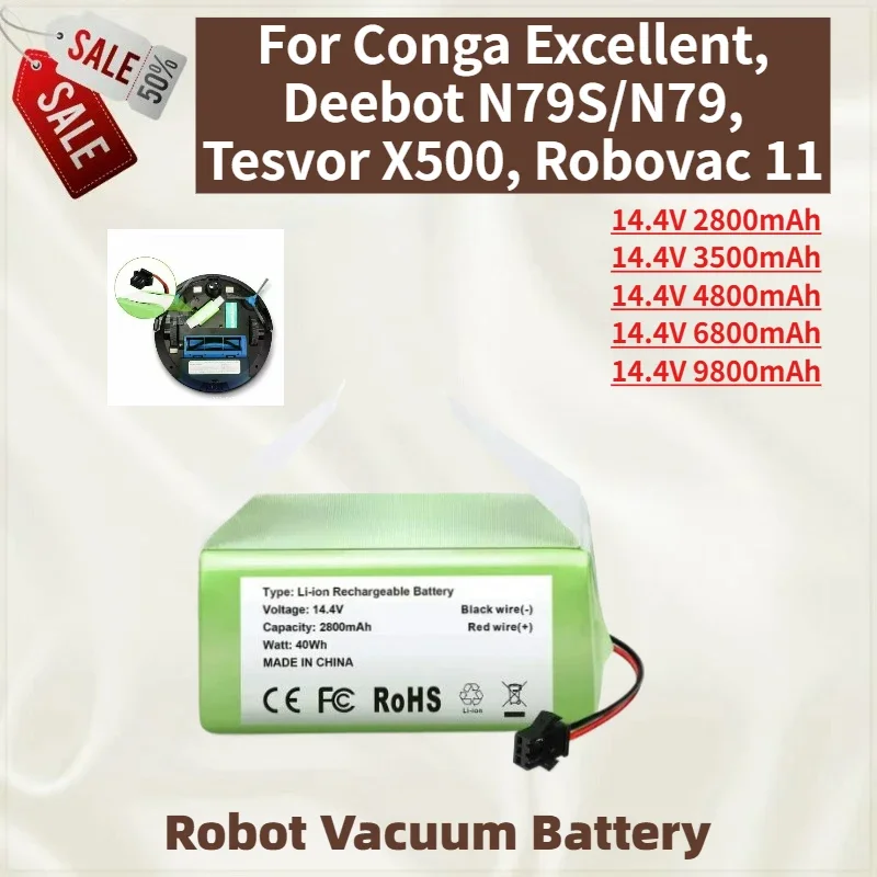 

Аккумулятор повышенной емкости 14.4V 9800mAh для Conga Excellent, Tesvor X500, Deebot N79S/N79, Robovac 11, новый сменный аккумулятор