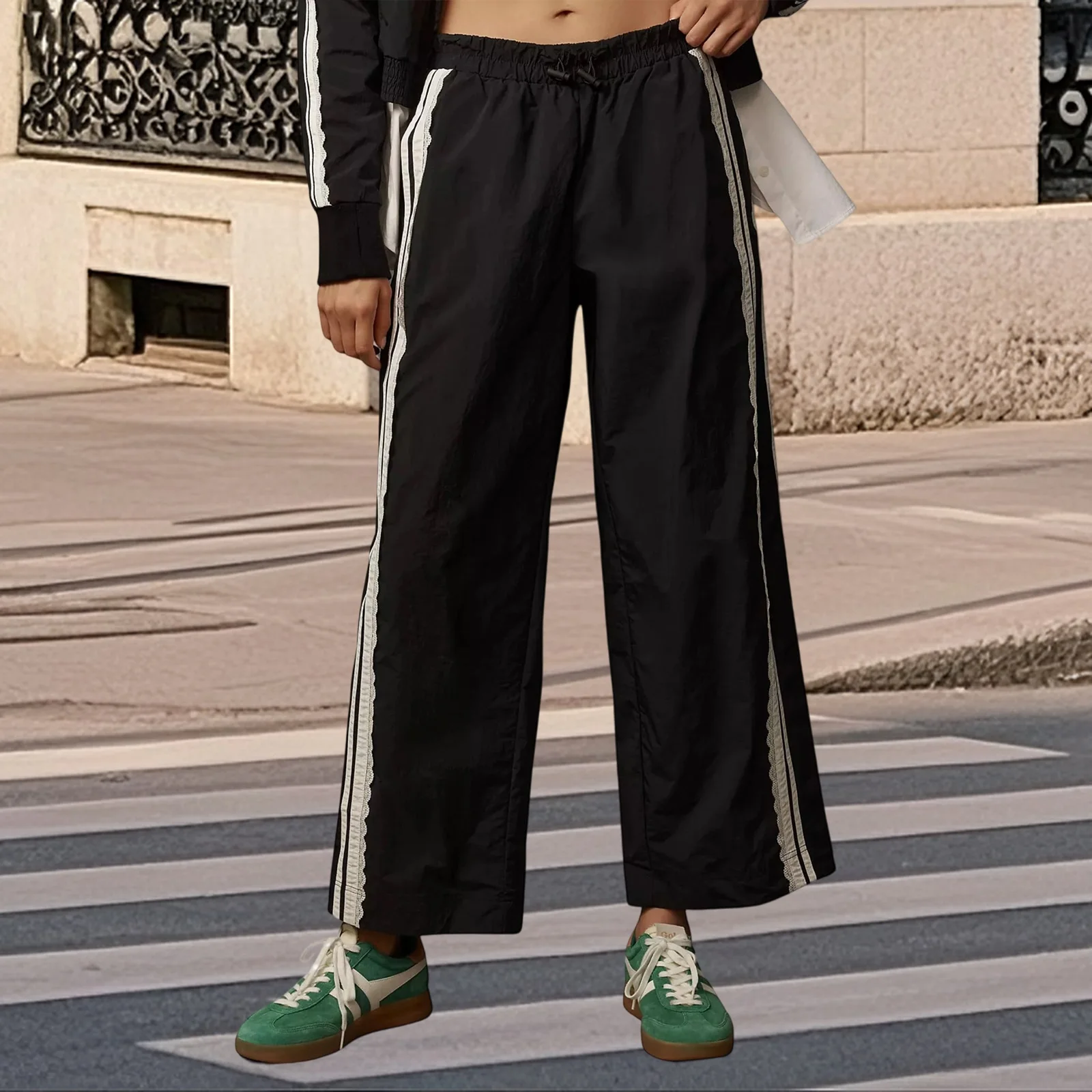 New Fashion Womens Summer Baggy Track Pants Stylish Lace Side Striped Mid Rise Wide Leg Drawstring Trousers Hot Sale S M L