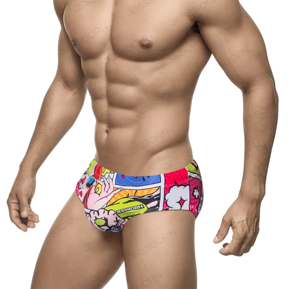 Summer Mens Cartoon Swimwear Sexy Low Waist Swim Briefs Pad Push Up Beach Surfing Trunks Europe America Male Sport Bathing Suit