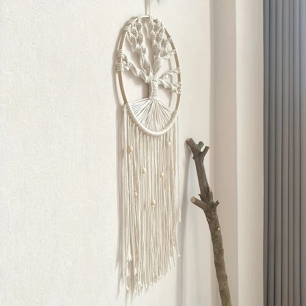 Tree of Life Dream Catcher Macrame Tapestry Bohemian Hand-Woven Wall Hanging with Tassels for Bedroom